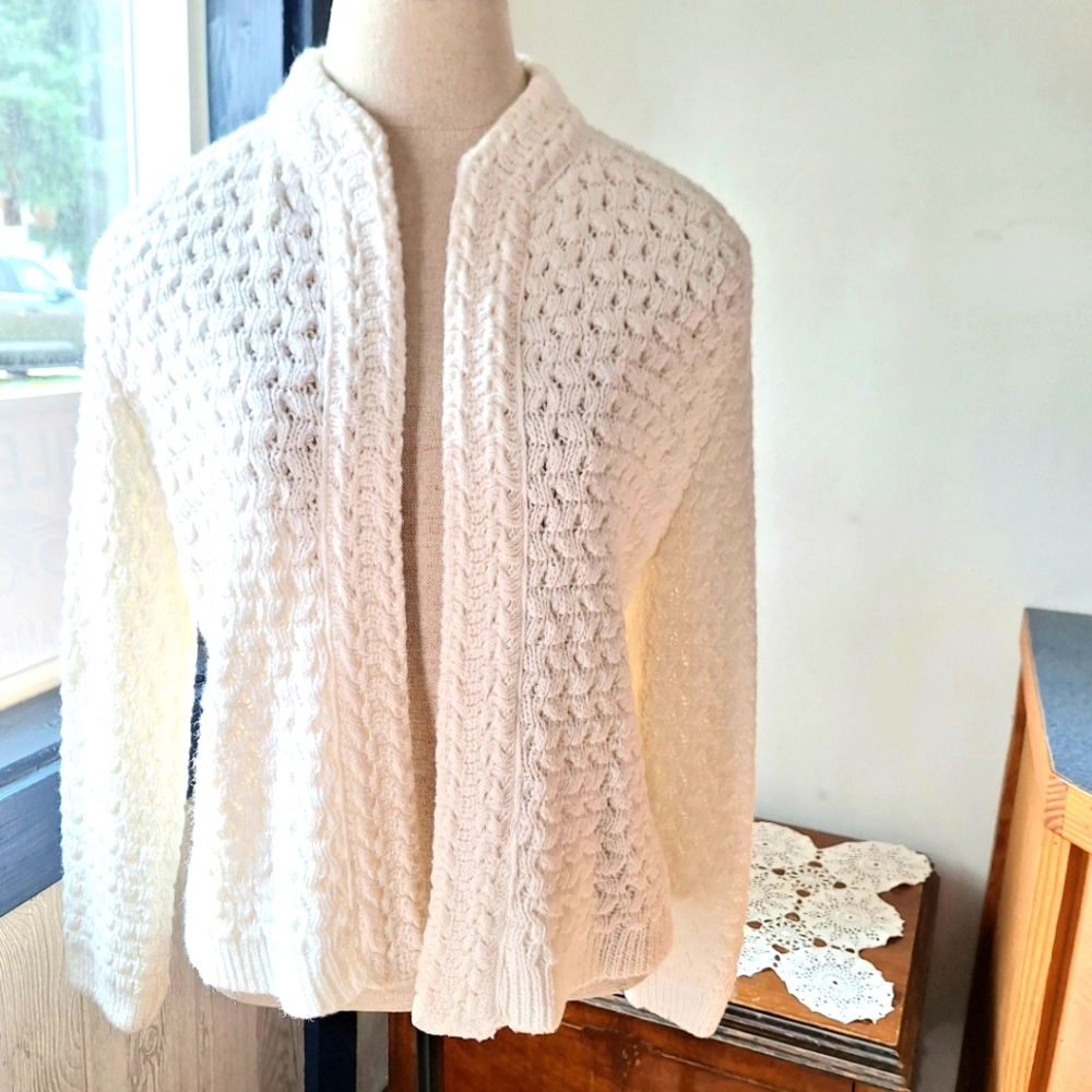 1950's/1960's Elegant White Cable Knit Cardigan, My Guess a Medium